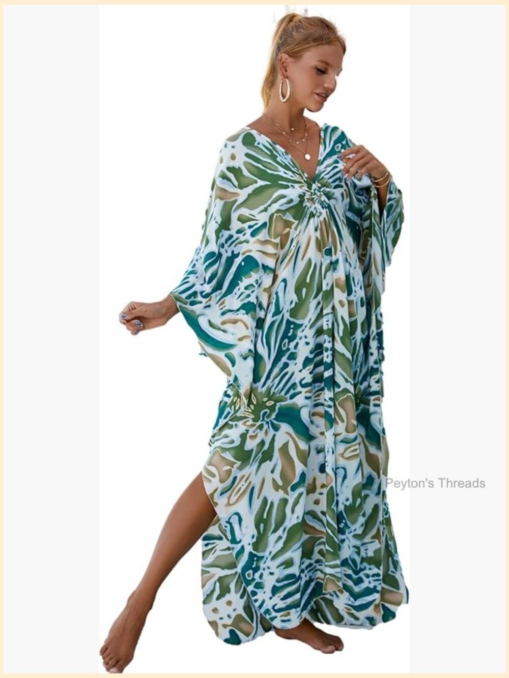 Hand Woven V-Neck Swim Cover Up Caftan Maxi Dress Rayon Cotton Kaftan